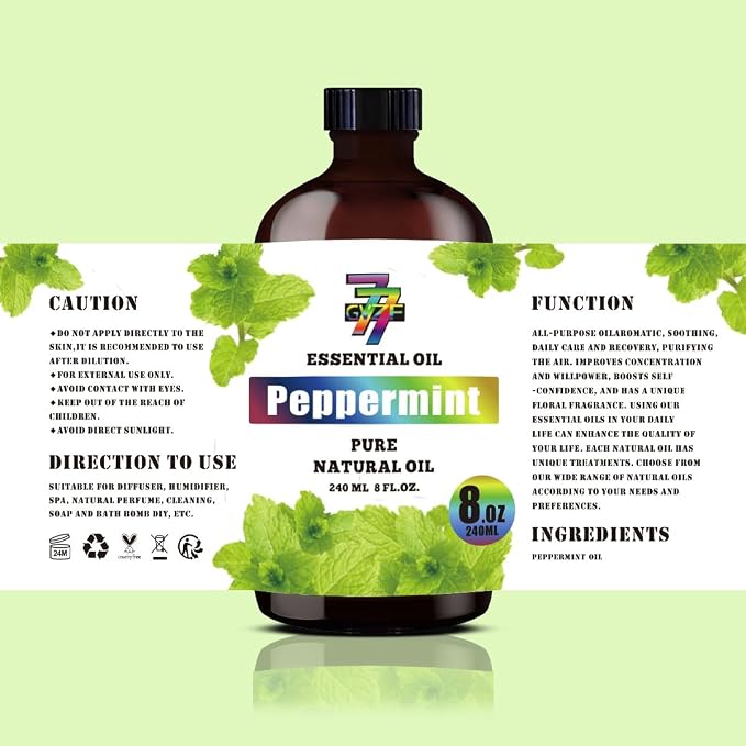 Peppermint Essential Oil, Peppermint Oils, for Diffuser, DIY Candles, Soap, Humidifier, Cleaning, Office, Gift, Essential Oil, GV77ZF Peppermint Fragrance Oil - 8 fl oz (240 ml)