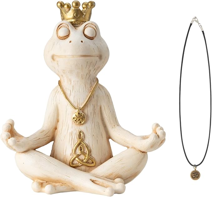 Meditating Zen Frog Statue Decor with Bonus Om Necklace - 5.8" Hand-Painted Resin Figurine - Yoga Room, Office Desk & Shelf Ornaments - Mindful Spiritual Gift for Women & Yoga Lovers (White)