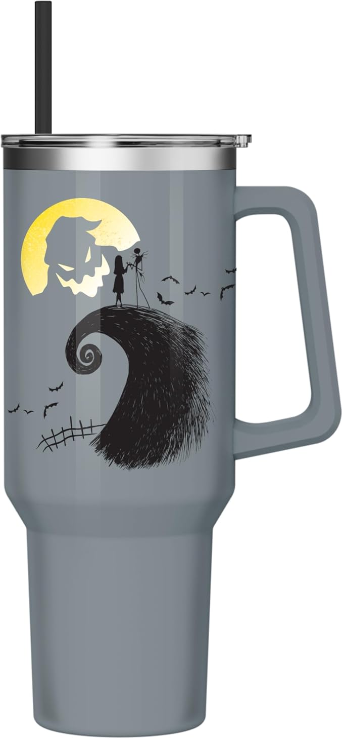 Silver Buffalo Disney Nightmare Before Christmas Featuring Oogie Boogie, Jack Skellington, and Sally Stainless Steel Tumbler with Handle and Straw, Fits in Standard Cup Holder, 40 Ounces (Pack of 12)