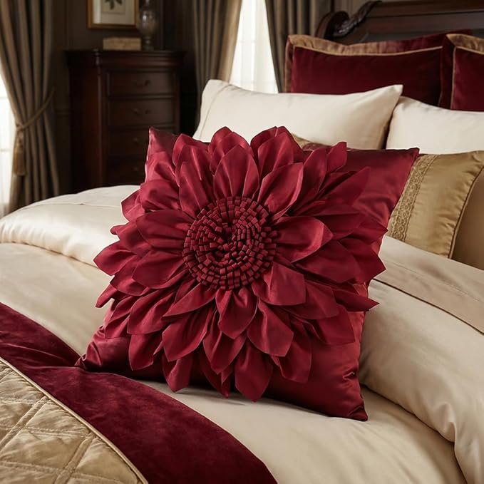 Burgundy Accent 3D Flower Decorative Throw Pillow Covers for Bed Sofa Couch | Bella's Giftshop Handmade Sunflower Taffeta Pillow Cases Living Room Bedroom Decor, 18x18 Inch