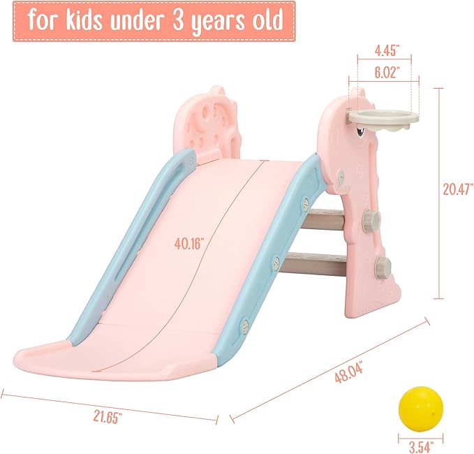 Nyeekoy 3 in 1 Toddler Slide, Kids Slide Climber Playset with Basketball Hoop, Indoor and Outdoor Playground for Kids, Folding Design Freestanding Baby Slide, Easy Assembly