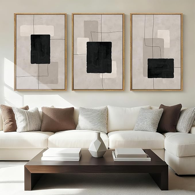 ANHUIB Modern Abstract Wall Art Canvas,Neutral Abstract Wall Art Framed,Contemporary Minimalist Prints,Geometric Line Artwork,3 Piece 16 * 24IN Mid Century Painting for Living Room Bedroom Office