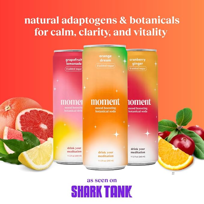 Moment Adaptogen Drink (Shark Tank) - Calm, Clarity & Relaxation with L-Theanine & Ashwagandha - Non Alcoholic Drinks for Adults - Sparkling Botanical Soda - 0 Sugar 0 Caffeine - 12 Pack 11.5 fl oz