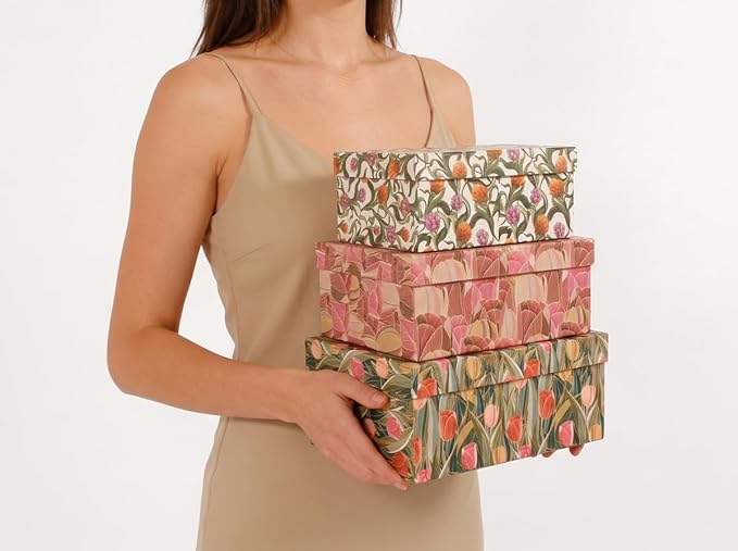 3-Piece Decorative Storage Boxes with Lids, Tulip Design, Vintage Floral, Cardboard Paperboard Keepsake box Set, Photo Storage Box for Memory, Home Decor, Modern Decoration Organizer