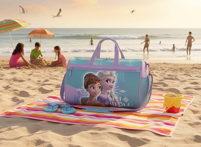 Disney Frozen Girls’ Duffle Bag – Elsa & Anna Travel Gym Bag with Adjustable Strap, Mesh Side Pockets & Zipper Pocket