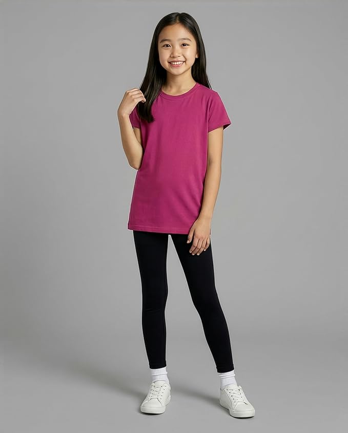Real Essentials 5 Pack: Girls' Short Sleeve Dry-Fit Athletic T-Shirt - Active Gym Crew Neck Tops for Teens Kids (Ages 4-16)