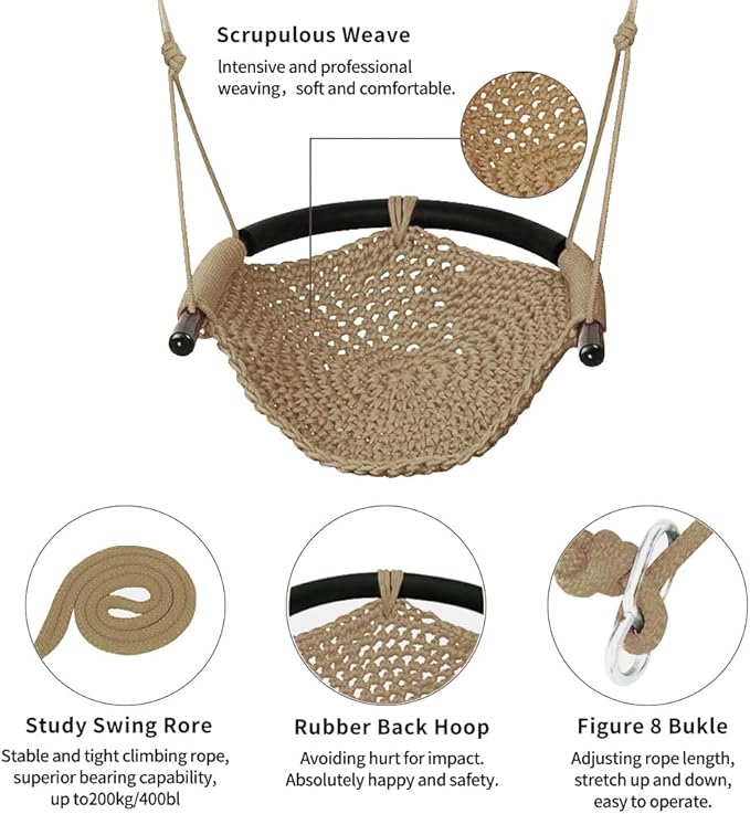 Hand-Knitting Toddler Swing, Swing Seat for Kids with Adjustable Ropes, Little tikes Swings Set, for Outdoor Indoor, Playground, Backyard (Light Brown)