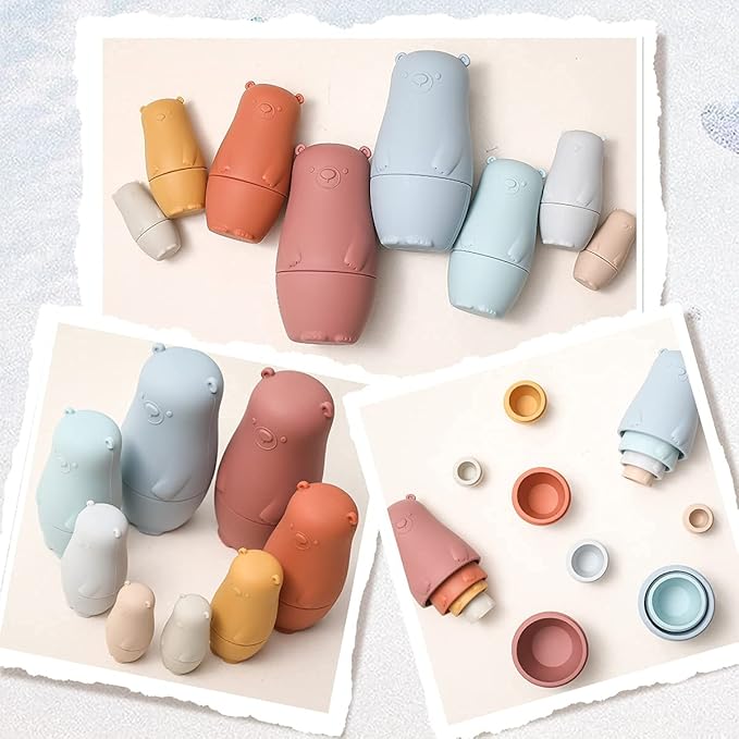 OESSUF 8 Pieces Silicone Nesting Dolls Russian Matryoshka Doll Easter Toys Montessori Educational Toy for Kid Boys Girls Bears Stacking Nesting Toys Set for Toddlers 3 Years Up