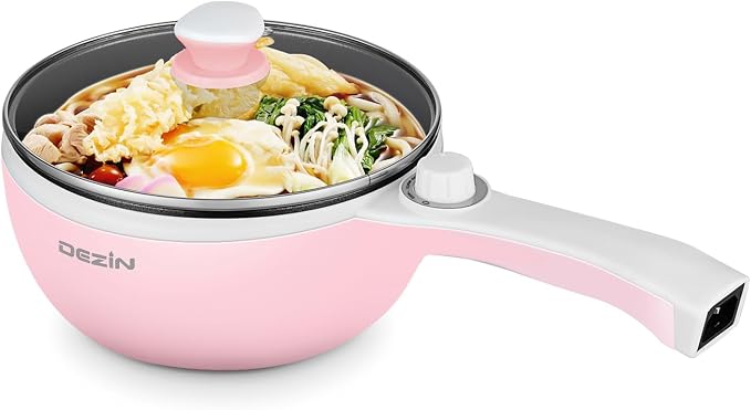 Dezin Electric Pot, 1.5L Non-Stick Portable Hot Pot Electric Upgraded, 700W | Dual Power, Electric Pot for Cooking Steak, Egg, Soup, Mini Ramen Cooker for Dorm, Travel, Camping, RV, Office, Pink Pan