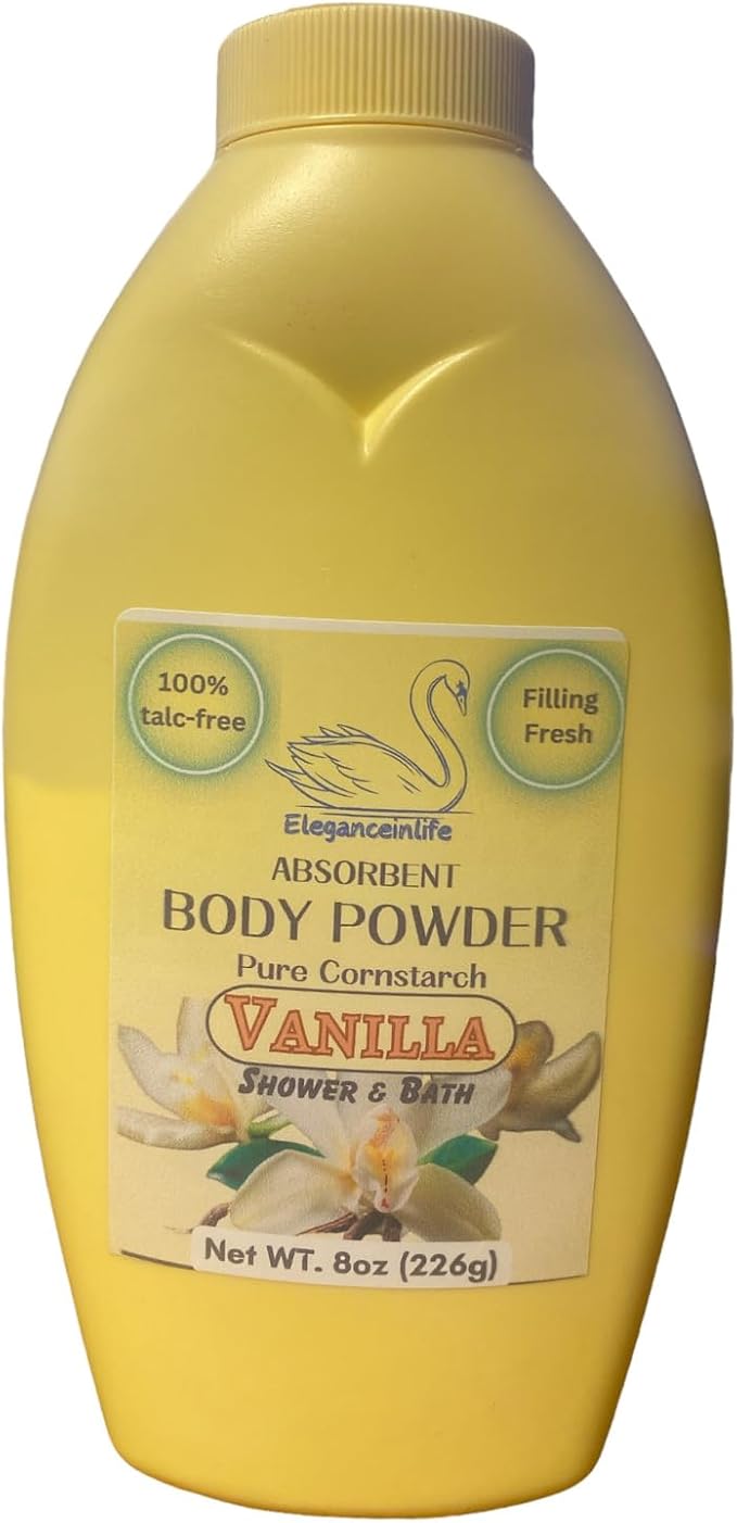 Eleganceinlife Pure Cornstarch Absorbent Body Powder - 100% Talc-Free with Vanilla Scent, 8 oz