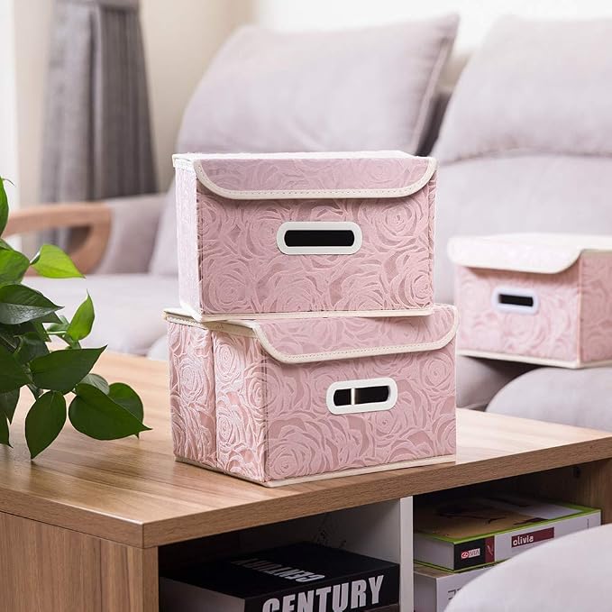 Foldable Storage Boxes with Lids [5-Pack] Fabric Decorative Storage Bins Cubes Organizer Containers Baskets with Cover Handles Divider for Bedroom Closet Living Room Pink 9.8x7.9x6.7 Inch