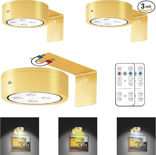 MIOBLUE 3Pack Picture Light Battery Operated Painting Lights, Wireless Magnetic Display Art Light with Remote Controls,Dimmable Timer Portrait Light for Art Frame Artworking,Wall Decor Puck Light