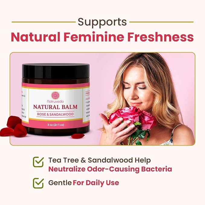 Natruveda Vulva Balm for Women – Rose & Sandalwood | USA-Based Seller | Feminine Moisturizer & Intimate Care Balm | Soothes Dryness, Itching, Chafing & Odor | External Hydration Cream – 3 oz