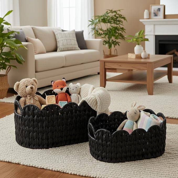 Coeusy Wicker Scalloped Basket Set of 2,Woven Storage Baskets for Shelves,Closet,Laundry,Gift,Towels,Books,Toys,Waterproof Decor Basket for Organizing,Black Oval