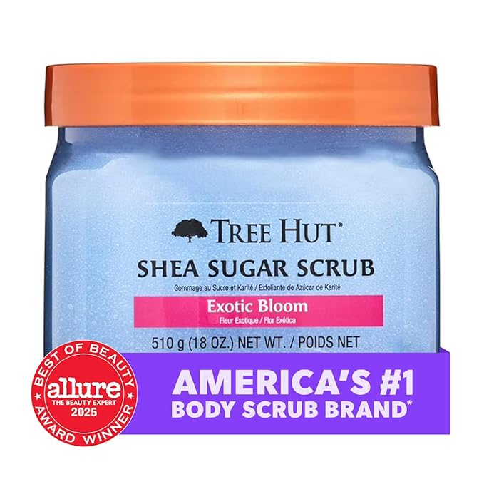 Tree Hut Exotic Bloom Shea Sugar Scrub, Exfoliating, Hydrating & Moisturizing Body Scrub with Shea Butter & Nourishing Essential Oils, Smooth & Soften Skin, 18 oz