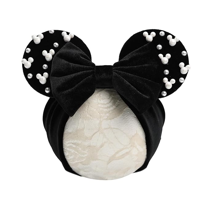 JIAHANG Black Velvet Mouse Ears Turban Headwrap with Beads, Wide Velour Hair Bow Hairband for Unisex Baby, Infants, Toddler, Kids, Newborns