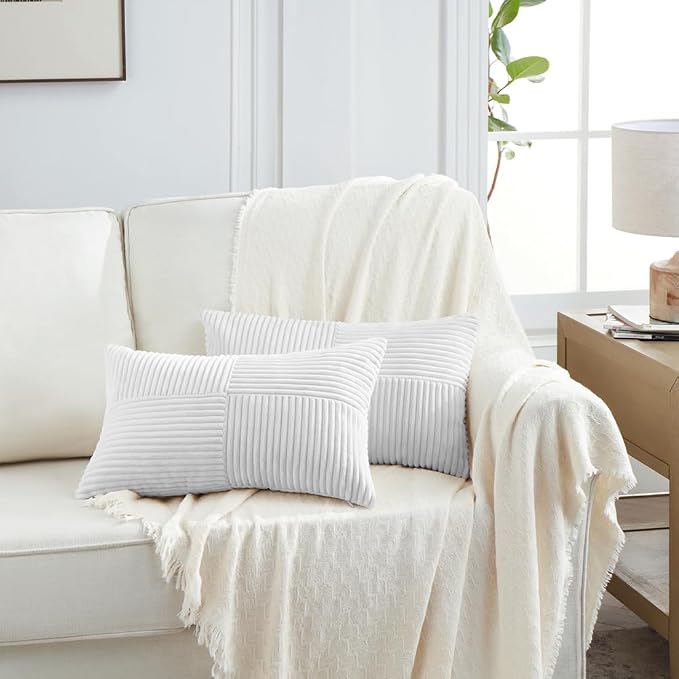 Fancy Homi 2 Packs White Lumbar Decorative Throw Pillow Covers 12x20 Inch for Living Room Couch Bed Sofa, Rustic Farmhouse Boho Home Decor, Soft Striped Corduroy Rectangle Accent Cushion Case 30x50 cm