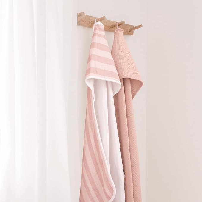 Konssy 2-Pack Muslin Hooded Baby Towels, 100% Cotton, Ultra-Soft & Absorbent Baby Bath Towels with Hood for Newborn & Infant (Pink, Stripe, 32" x 32")