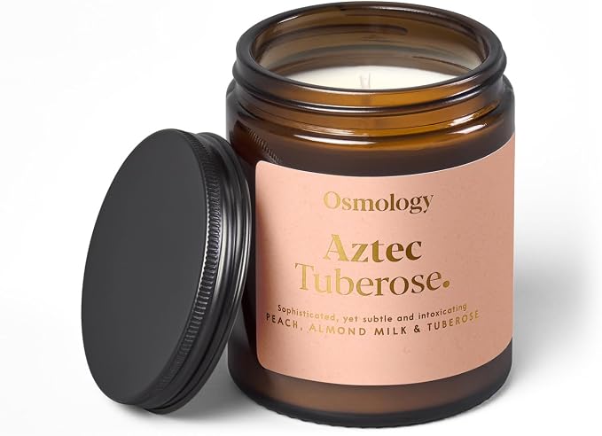 Osmology Aztec Tuberose Aromatherapy Candle – Peach, Almond Milk & Tuberose Scented Candle, Plant-Based Wax in Amber Apothecary Jar, 7 oz, 50 Hour Burn Time, Floral & Sweet Candle