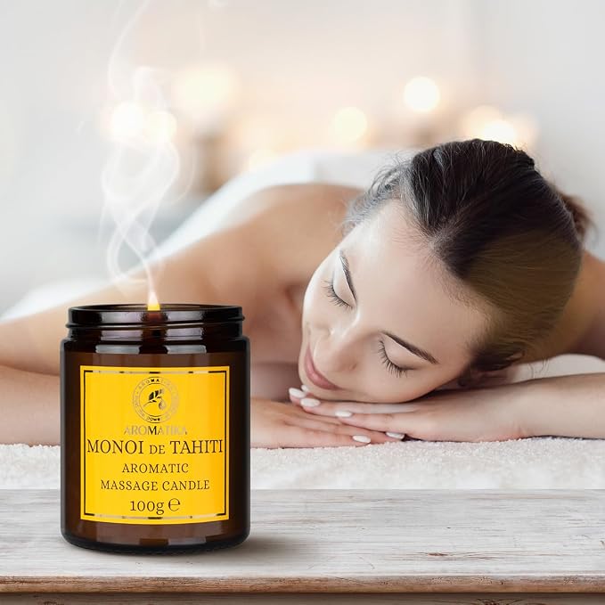 Scented Massage Candle Monoi de Tahiti - Soy Wax Candle 3.5Oz - Relaxing Massage Candle - Blend of Coconut & Almond & Monoi de Tahiti Oils - Vanilla Oleoresin - Skin Care - Beauty - Aromatherapy