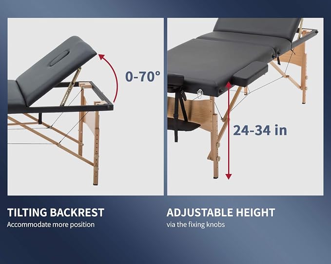 BestMassage Massage Bed Portable Massage Table 28 inch Wide Lash Bed Height Adjustable 3 Folding Spa Table with Towel Hanger Oil Pouch Half Bolster Round Bolster Non-Woven Backpack
