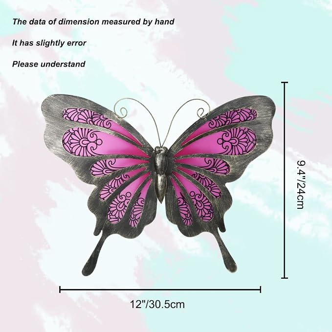 LIFFY Metal Butterfly Wall Decor, 12" Glass Butterfly Wall Art for Outdoor, Hanging Garden Decorations for Yard Fence Patio