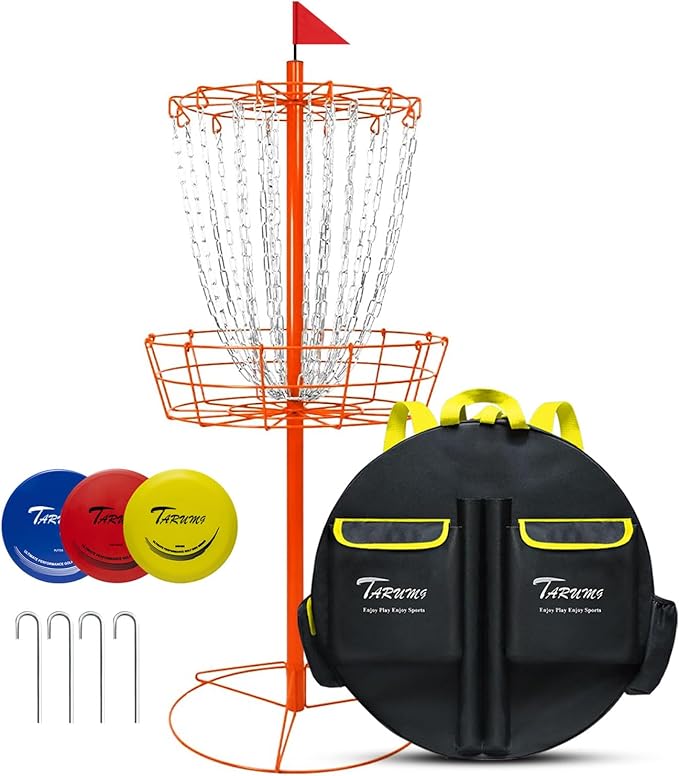 TARUMG Disc Golf Basket - Portable Disc Golf Target with Heavy Duty 24-Chains Come with Transit Bag and 3pcs Disc Golf Discs, Ground Stake -Suitable for Players of All Levels - Multi Color Available