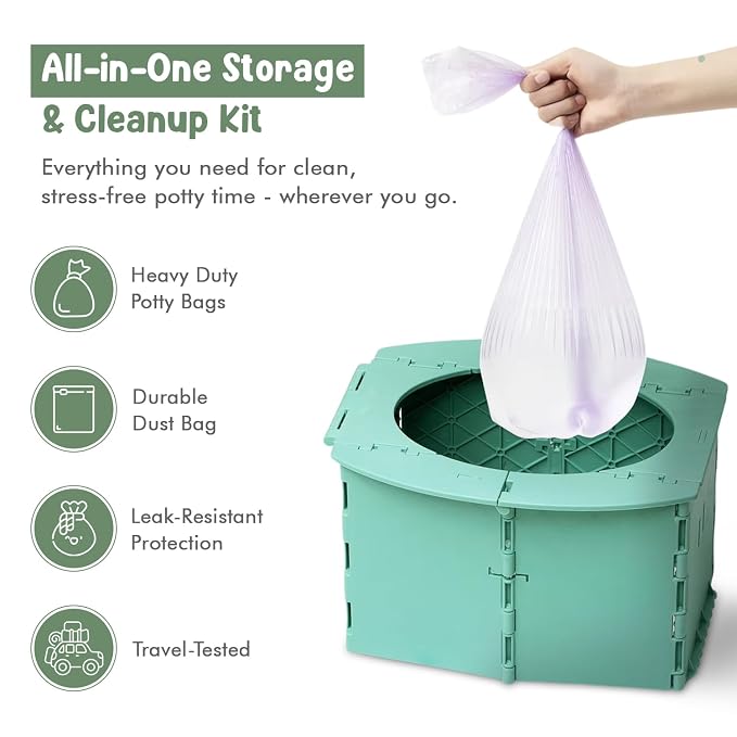 Teo - Portable Toddler Travel Potty – Foldable, Lightweight, Leak-Proof Toilet for Kids with Travel Bag & Disposable Liners – Compact Potty Chair for Home & On-the-Go Use (Adventure Green)