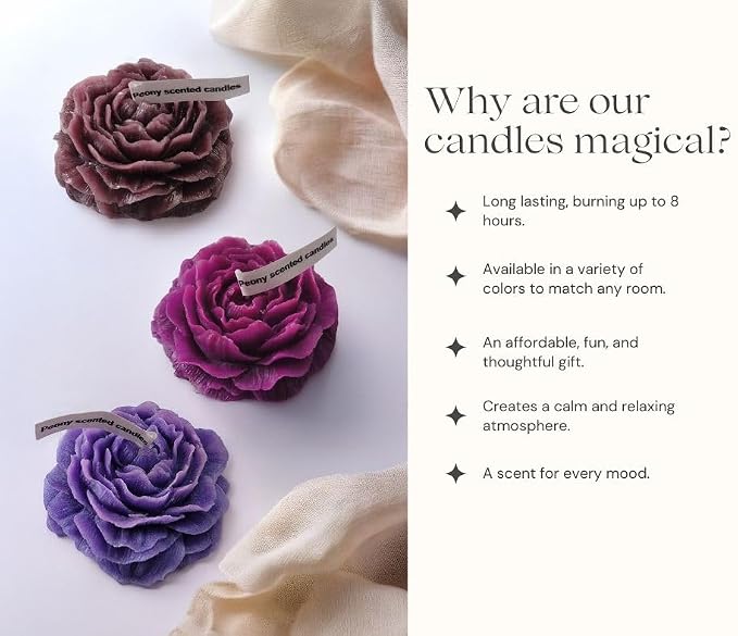 Peony Flower Shaped Candle with Scent, Soy Wax Blend Aromatherapy Candle, Gift Candle, Gifts for Women, Candles for spa, Stress Relief, Meditation, Wedding, Home Decor, Relaxing Atmosphere, (Purple)