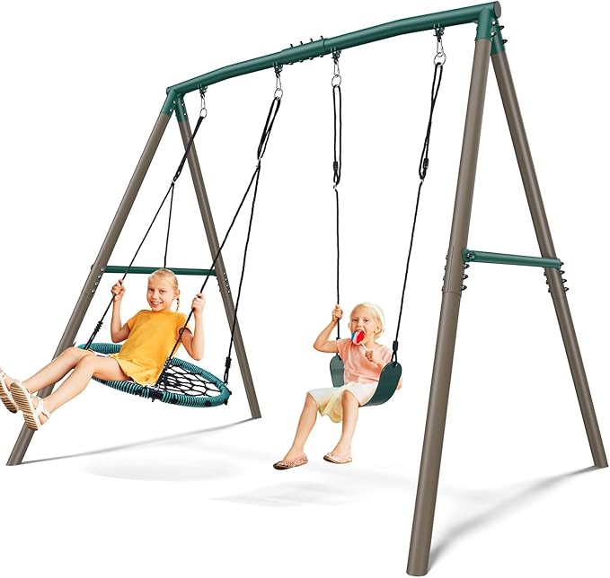 Hapfan 7.5ft Tall Swing Sets for Backyard, 500lbs Heavy Duty Metal Swing Set for Kids and Adults with Spider Swing and Belt Swing, A-Frame Outdoor Swingset Play Equipment(Green and Brown)