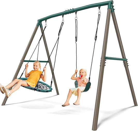 Hapfan 7.5ft Tall Swing Sets for Backyard, 500lbs Heavy Duty Metal Swing Set for Kids and Adults with Spider Swing and Belt Swing, A-Frame Outdoor Swingset Play Equipment(Green and Brown)
