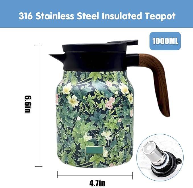 Vintage Floral Pattern Tea Pots – Built-in Infuser,Vintage Floral Teapot with Built In Infuser Stainless Steel Thermal Carafe with Lid for Hot Drinks,Pink(Wooden handle,35oz)