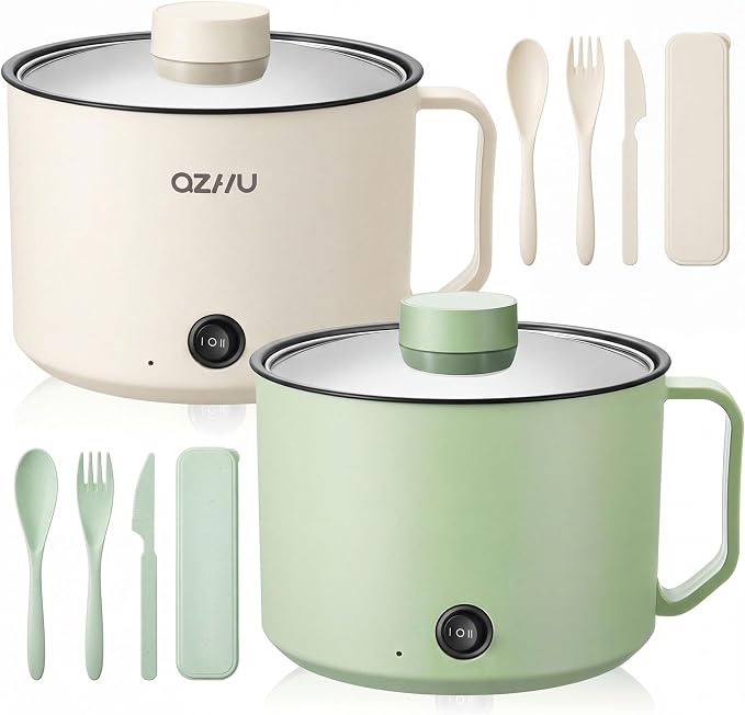 2 Pcs 1.5l Electric Ramen Cooker Hot Pot Electric Dual Power Noodle Cooker, Boil Dry Protection, Nonstick, Multifunctional Lazy Pot for Cooking Pasta, Noodles, 7x3.15" (Mint Green, White)