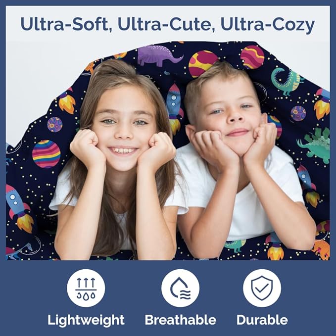Kids Queen Size Bed Sheet Set - 4 Piece Kids Loft Bed Sheets - Space Dinosaur Themed Bedding - Soft, Cute - Breathable and Machine Washable - Colorful Dino Bed Set for Boys, Girls, Teens and Toddlers