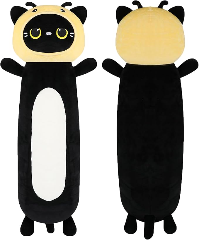 22 inch Bee Black Cat Long Plush Body Pillow Toy, Kitten Plushies with Stuffy Honeybee Oufit Big Stuffed Animals Gfit for Kids Boys Girls, Birthday