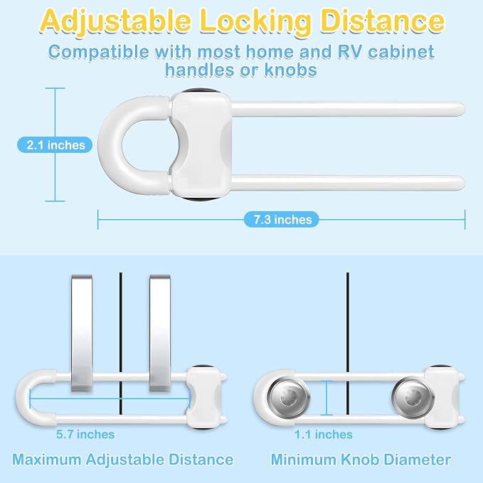 Modacraft 10 Pcs Sliding Cabinet Latches, U Shaped Cabinet Door Locks, Baby Cabinet Safety Latches for Baby Proofing, No Drilling Tool-Free Installation Easy to Use for Knobs or Handle Double Door