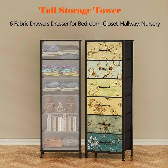 Tall 6 Drawers Dresser for Bedroom, Vintage Storage Organizer Unit | Tall Nightstand with Fabric Drawers, Retro Floral Pattern, Skinny Dresser for Closet, Dorm, Entryway, Metal Frame, Wood Top