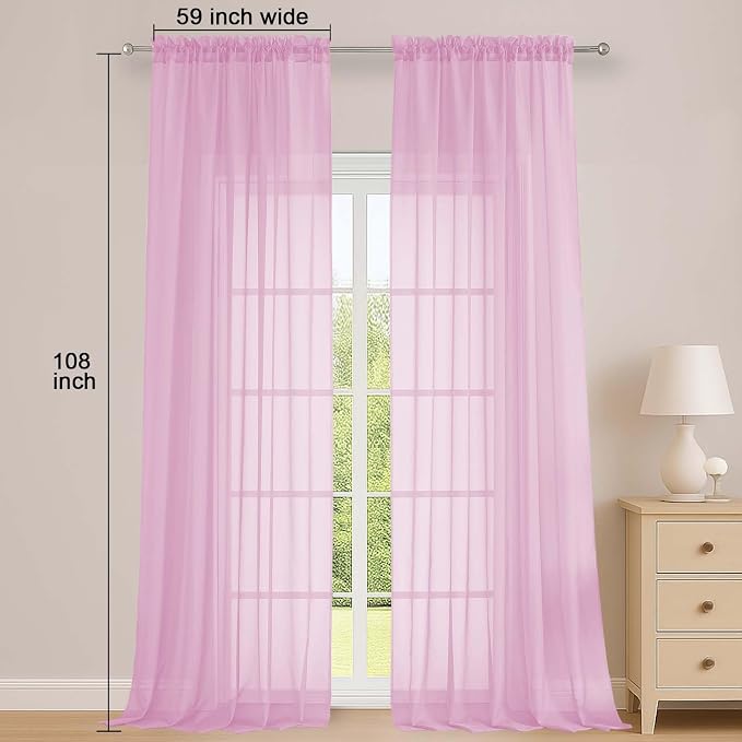 OWENIE Sheer Pink Curtains 108 Inches Long for Living Room Bedroom 2 Panels Set, Lightweight Airy Pink Sheer Curtain, Filmy Voile Rod Pocket, 2 PCS, Each 59" W x 108" L