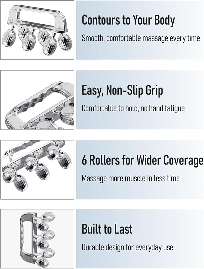Yeamon Stainless Steel Handheld Muscle Roller, Deep Tissue Body Massager with 3 V-Shaped Roller Sets, Ergonomic Grip Manual Massage Tool for Arms, Legs & Back Relief, Post Workout Recovery