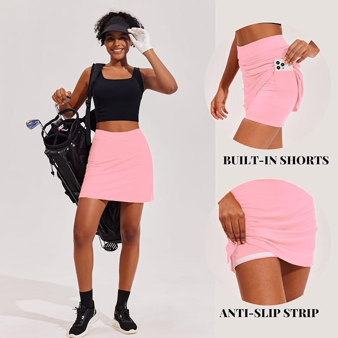 Ekouaer 16" Skorts for Women with Pockets Golf Pickleball Tennis Skirt | Silicone Grippers,2 Inner Pockets,Wide Waist,Side Slit Hem,Breathable,Soft,Lightweight
