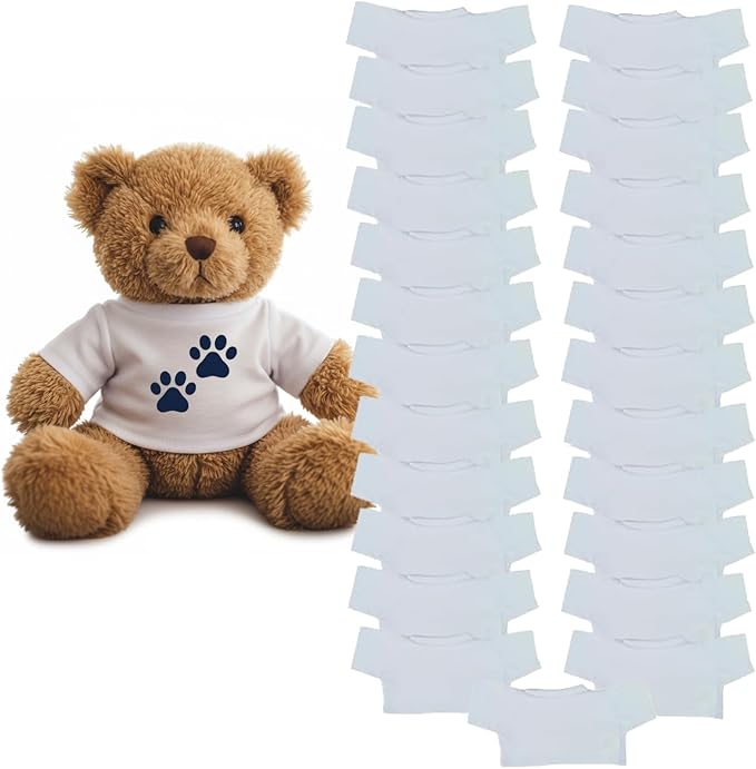 Get Ready Kids Teddy Bear T-Shirts Bulk Pack of 25 White Crew Neck Stuffed Animal Clothes for 12-16 Inch Plush Toys Polyester Blank Tees for DIY Crafts Sublimation and Classroom Projects