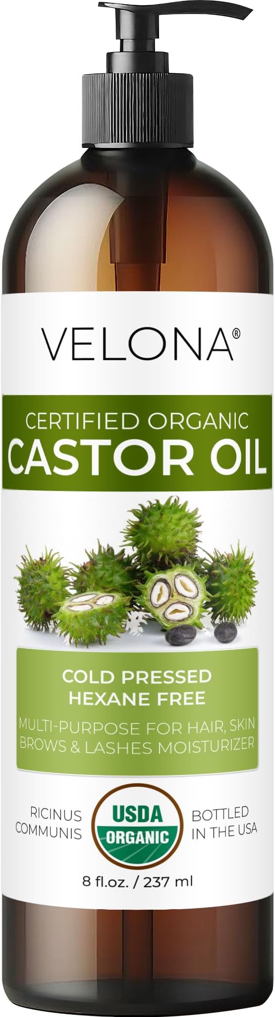 velona USDA Certified Organic Castor Oil - 8 Fl Oz | For Hair, Boost Eyelashes, Eyebrows | Cold pressed, Natural Oil, USP Grade | Hexane Free, Lash Serum, Caster…