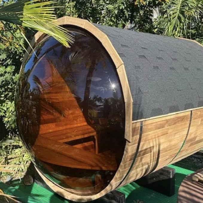 Outdoor Wooden Panoramic Barrel Sauna, 4-6 Person Sauna Room 220V， 6kw Toule Electric Heater， Accessories and Asphalt Shingle Roof, (Helmock, 70.86"x74.86"x74.86")