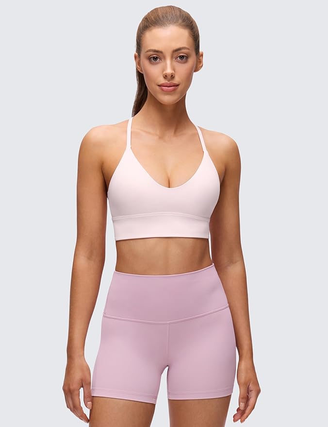 CRZ YOGA Butterluxe Thin Straps Cross Back Longline Sports Bras for Women - Padded V Neck Yoga Crop Top