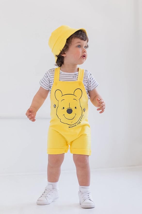 Disney Winnie the Pooh Baby Short Overalls, T-Shirt & Hat 3 Piece Outfit Set Newborn to Infant Sizes (0-24 Months)