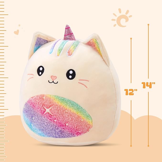 Athionsu 14-Inch Unicorn Cat Plush Pillow Soft and Cuddly Stuffed Animal Toy for Toddler Girls and Boys, Cute Rainbow Belly Plush Gift (CAT)
