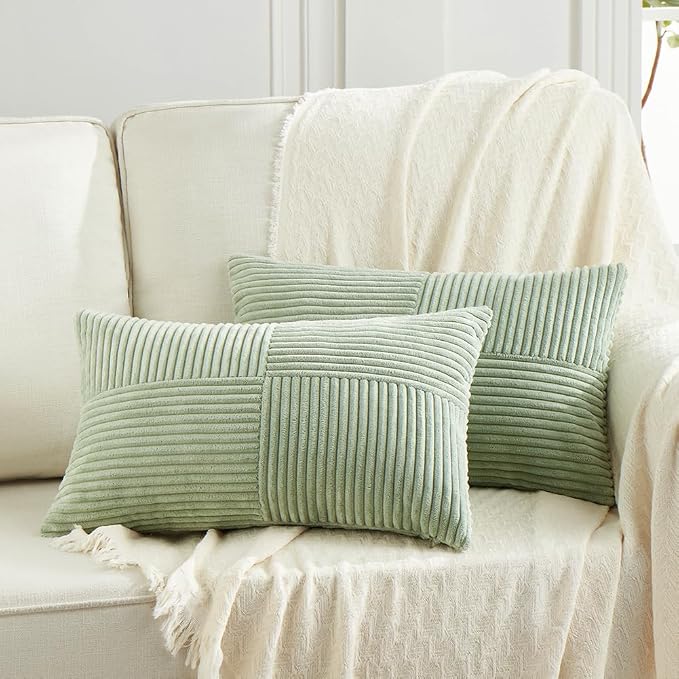 Fancy Homi 2 Packs Sage Green Lumbar Decorative Throw Pillow Covers 14x24 Inch for Couch Bed, Rustic Farmhouse Boho Home Decor, Soft Striped Corduroy Rectangle Accent Cushion Case 35x60 cm