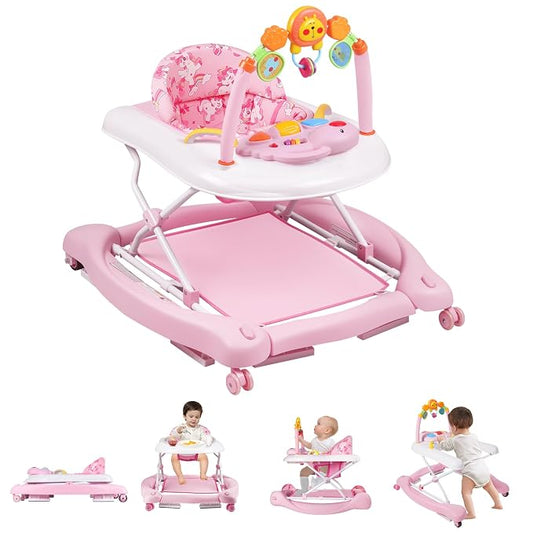 Baby Walker, 5 in 1 Baby Walkers for Boys Girls 6-12 Months, Foldable Walkers for Babies with Bouncer & Feeding Tray, Music, Adjustable Heights, Activity Walker for Infant