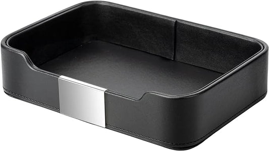 Leather Tray Organizer, Valet Tray Key Tray (Metal Silvered, Black) | Leather Catchall Tray for Entryway Table Desktop Storage, Decorative Tray for Jewelry Keys Wallet Phone Watch