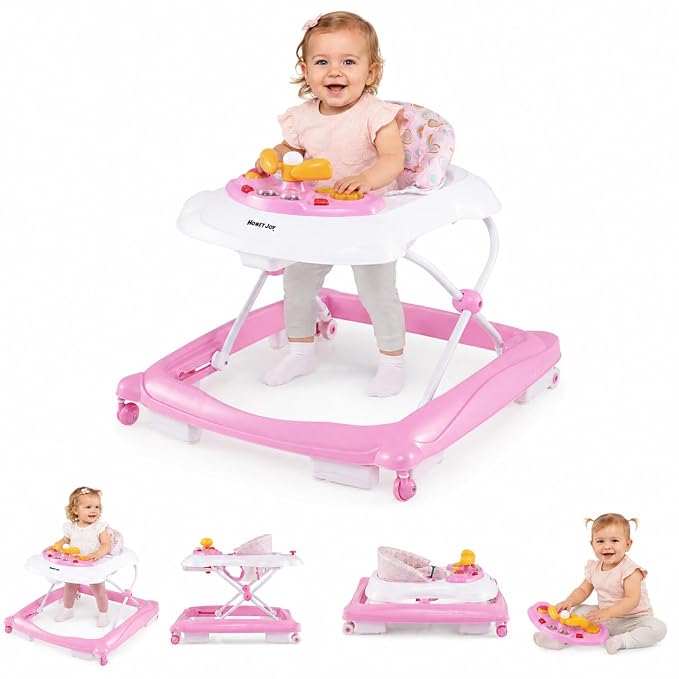 HONEY JOY Baby Walker, 5 in 1 Infant Activity Walker with Wheels, Music, Removable Cushion, Toddler Foldable Push Walker for Boys Girls, Anti-Rollover Walkers for Babies 7-14 Months (Pink)